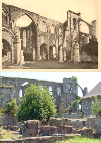 Rune van de abdij van Aulne (te Gozee) THUIN foto De ruïne begin 1900 vergeleken met 2001