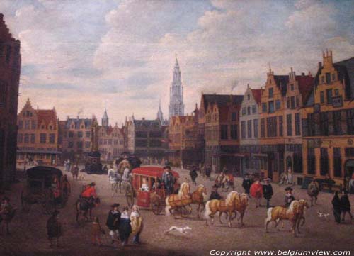 Grote Markt ANTWERPEN 1 (centrum) in ANTWERPEN / BELGI Oud schilderij Stadhuis door E. De Bie 1629 - 1675