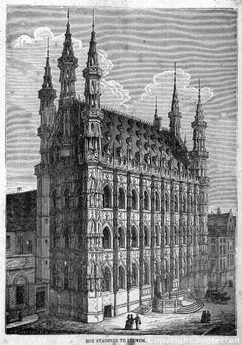 Stadhuis LEUVEN / BELGI Oude gravure ons bezorgd door Rober Baert