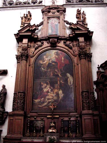 Sint-Martinuskerk AALST / BELGIË Het eikenhouten portiek van het St. Rochusaltaar bevat een schilderij van Pieter Paul Rubens (1624) waarop Sint Rochus wordt aangeduid als patroon van de pestlijders.