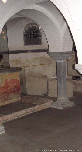 Onze-Lieve-Vrouwekerk - Abdijkerk HASTIERE-PAR-DELA / HASTIERE foto Onder het koor zijn de resten van een oude crypte bewaard gebleven. Daarin zijn nog 11e eeuwse schilderingen en Merovingische sarcofagen bewaard. 