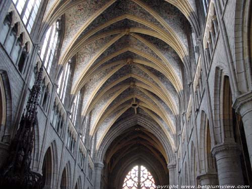 Sint-Pauluskathedraal LIEGE 1 in LUIK / BELGI Gewelf met zicht op de grotere pilaren die dienen voor de ondersteuning van de westertoren achteraan.