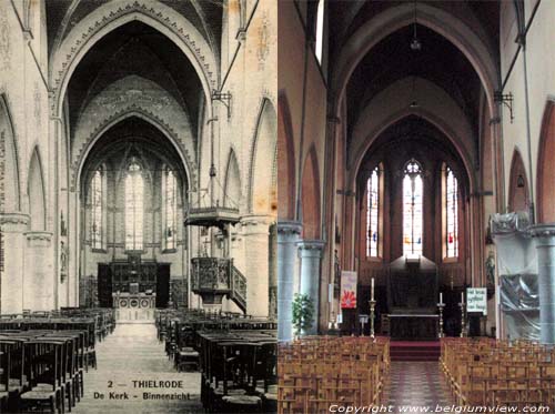 Sint-Petruskerk (te Tielrode) TEMSE foto Links de foto van rond 1900 rechts die van 2002.  Merk op dat de beschildering  van de arcadebogen jammer genoeg verdwenen is en dat men nu bezig is met een restauratie.