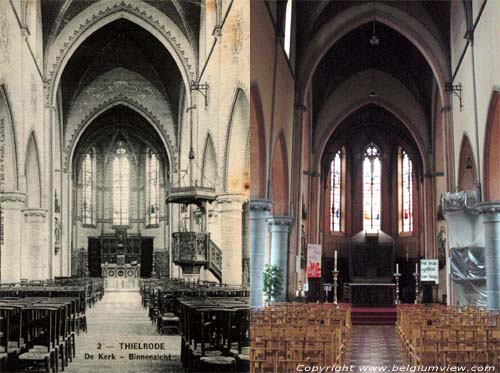 Sint-Petruskerk (te Tielrode) TEMSE / BELGI Links de foto van rond 1900 rechts die van 2002.  Merk op dat de beschildering  van de arcadebogen jammer genoeg verdwenen is en dat men nu bezig is met een restauratie.