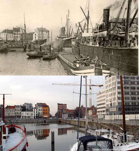 Willemdok ANTWERPEN 1 (centrum) in ANTWERPEN / BELGI Vergelijking begin 1900 en 2003:  Boven ziet u rechts nog de 'entrepôt' van de douane terwijl die recent vervangen is door de AMCA-gebouwen;