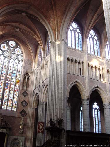 Sint-Walburgakerk VEURNE foto Opvallend zijn de contrasten tussen de gewelven uit baksteen, het triforium uit zandsteen en de zuilen en bundelpijlers uit grijze Doornikse steen.