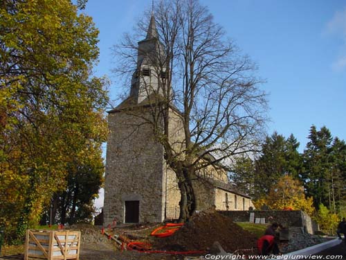 Sint-Étiennekerk van Waha MARCHE-EN-FAMENNE foto Overzicht met vooraan de eeuwenoude lindeboom.