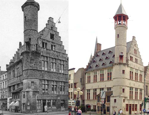 Toreken GENT foto Vergelijking begin 1900 en 2003:  Wat vooral opvalt zijn de nieuwe dakkapelletjes en het lantaarntorentje.