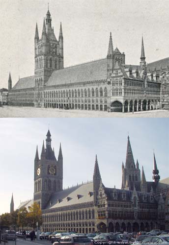 Hallen (lakenmakershal) en belfort IEPER foto Vergelijking tussen begin 1900 en 2002.