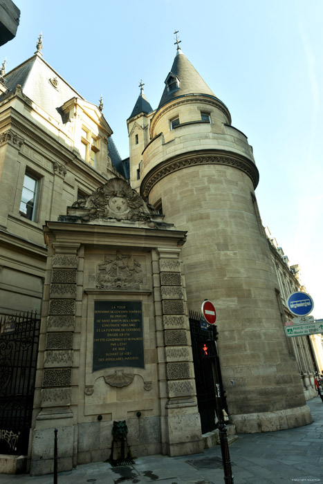 Tower of Saint Martin in the Fields Priory and Vertbois Fountain Paris / FRANCE 