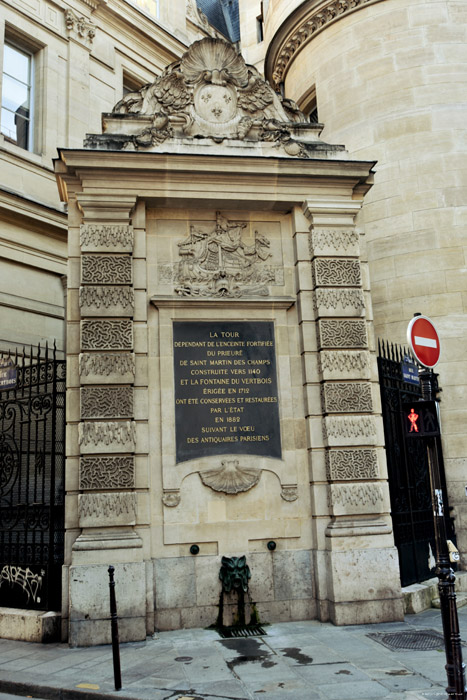 Tower of Saint Martin in the Fields Priory and Vertbois Fountain Paris / FRANCE 