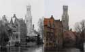 Belfort van Brugge en hallen (halletoren) BRUGGE / BELGIË: Links foto uit 1938 van Pim Vermeulen.  Rechts onze foto uit 2003.